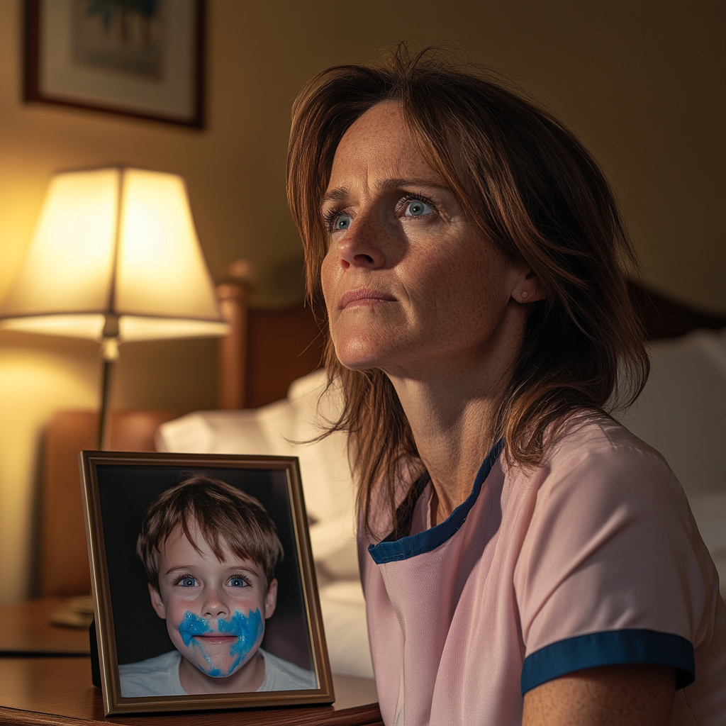 A cleaning lady sitting beside a nightstand with a photo of a little boy | Source: Midjourney