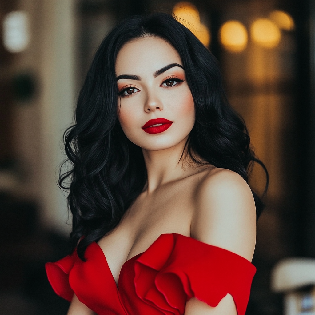 A woman wearing a stunning red dress and makeup | Source: Midjourney