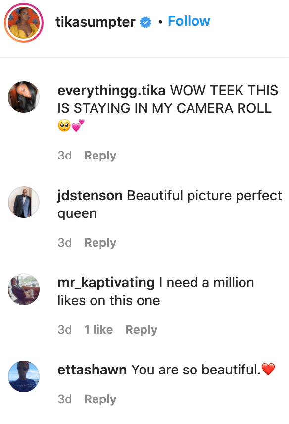 Fans' comments on Tika Sumpter's post. | Source: Instagram/tikasumpter