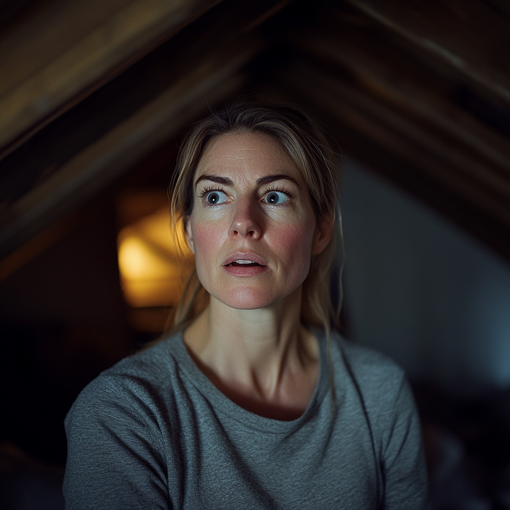 A woman is dumbfounded while standing in an attic | Source: Midjourney