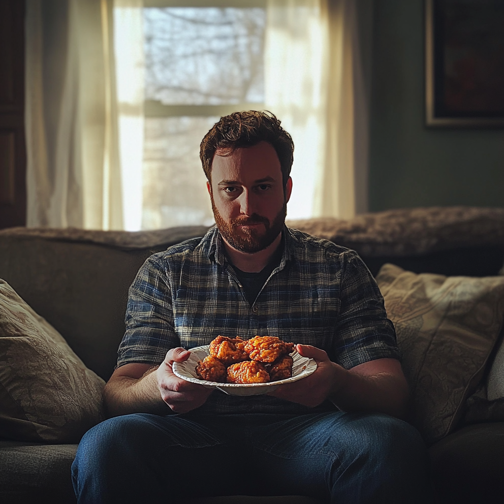 A man holding a plate of fried chicken | Source: Midjourney