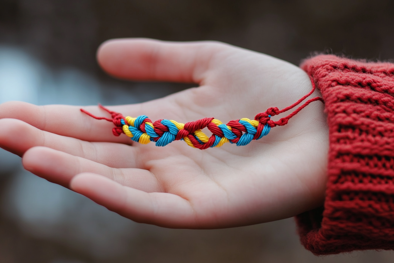 A woman holding a friendship bracelet | Source: Midjourney