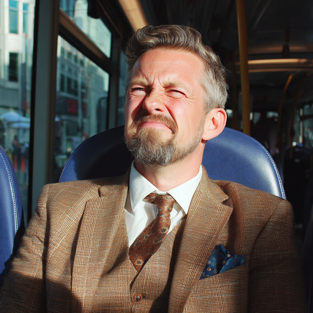 A grimacing man sitting on a bus | Source: Midjourney