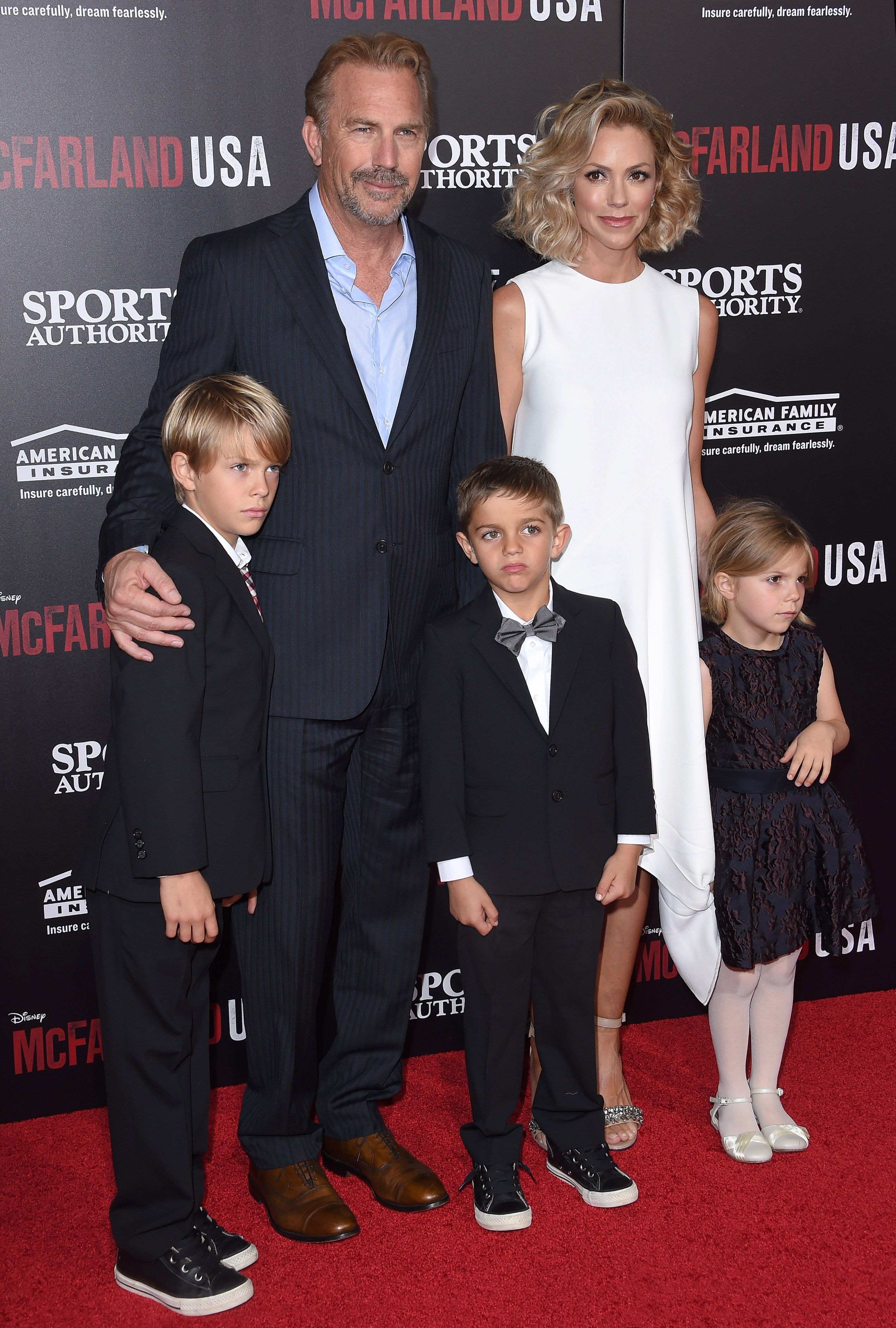 Kevin Costner, Christine Baumgartner, Grace Avery Costner, Hayes Logan Costner, and Cayden Wyatt Costner at the world premiere of "McFarland, USA" on February 9, 2015, in Hollywood, California | Source: Getty Images