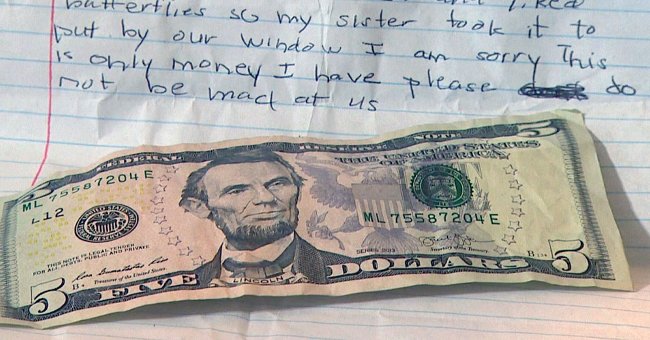 An apology note and a $5 bill left by a young boy on Chrissy Marie's doorstep. | Source:  facebook.com/lovewhatreallymatters
