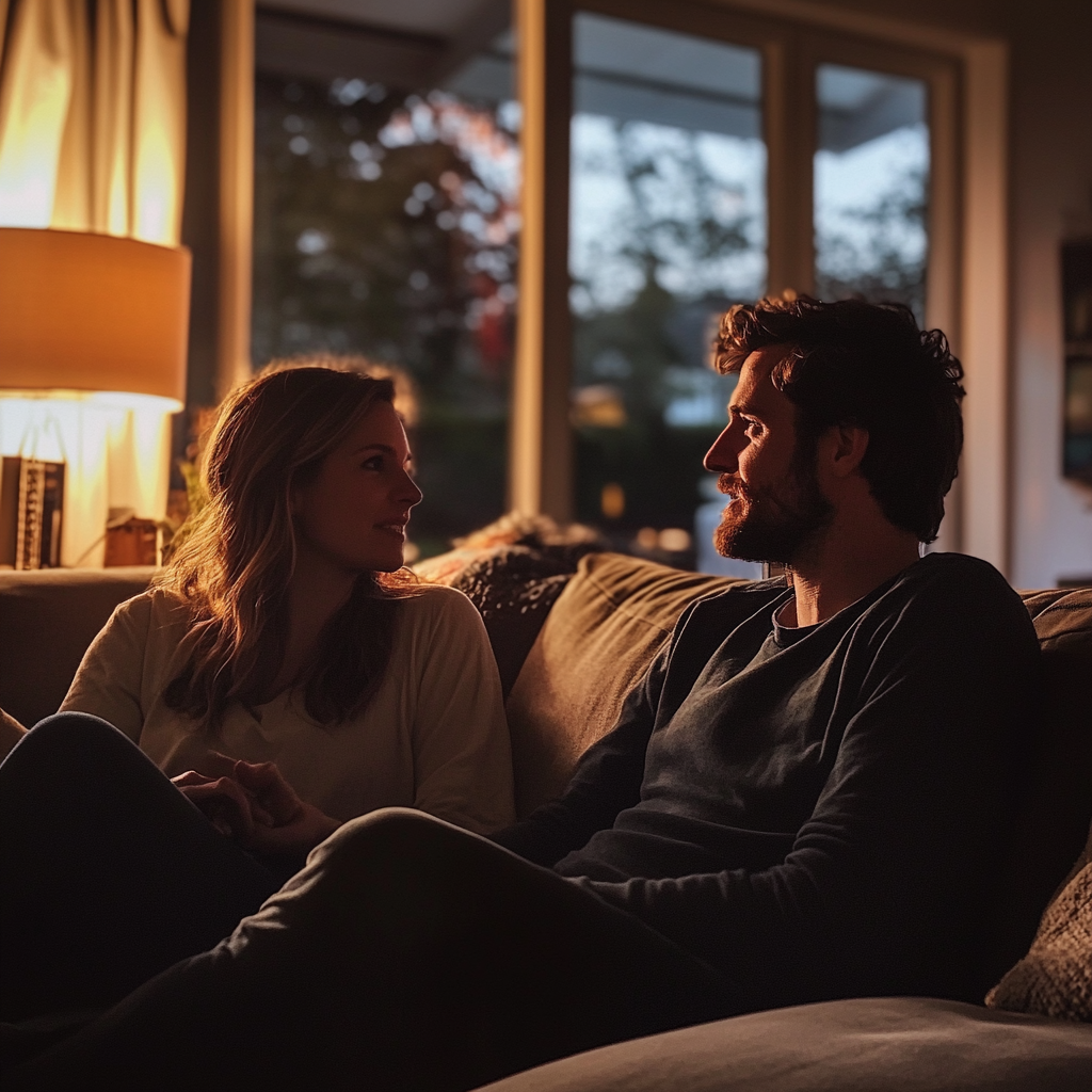 A couple sitting on a couch and talking | Source: Midjourney