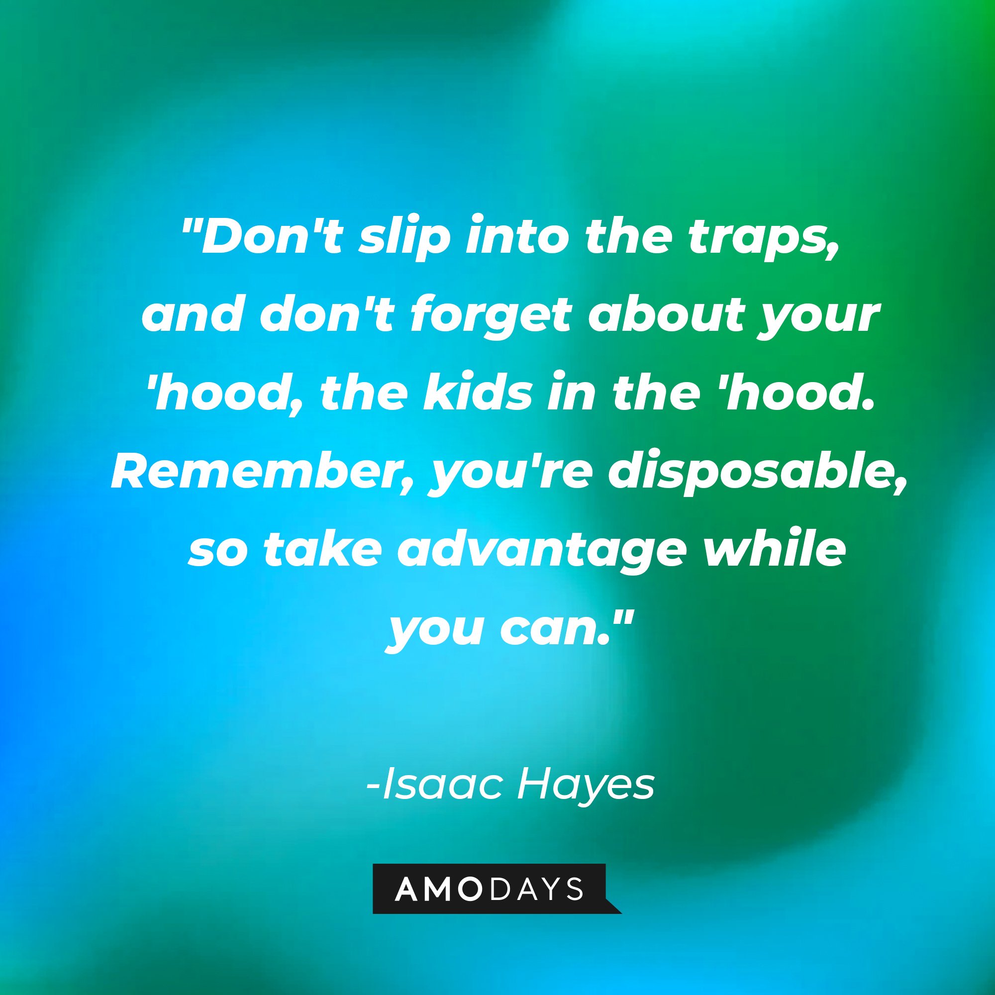Isaac Hayes' quote: "Don't slip into the traps, and don't forget about your 'hood, the kids in the 'hood. Remember, you're disposable, so take advantage while you can." | Image: AmoDays