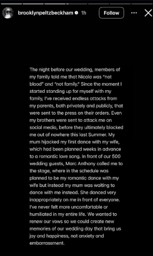 Brooklyn Beckham's statement about the Beckham family feud. | Source: Instagram/brooklynpeltzbeckham