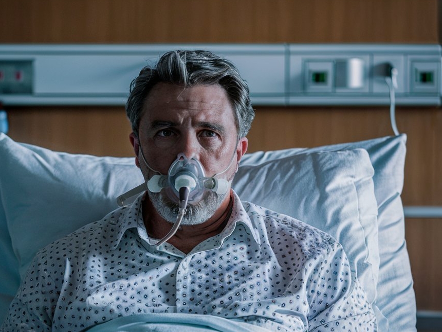 A sick man in a hospital bed with an oxygen mask on his face | Source: Midjourney