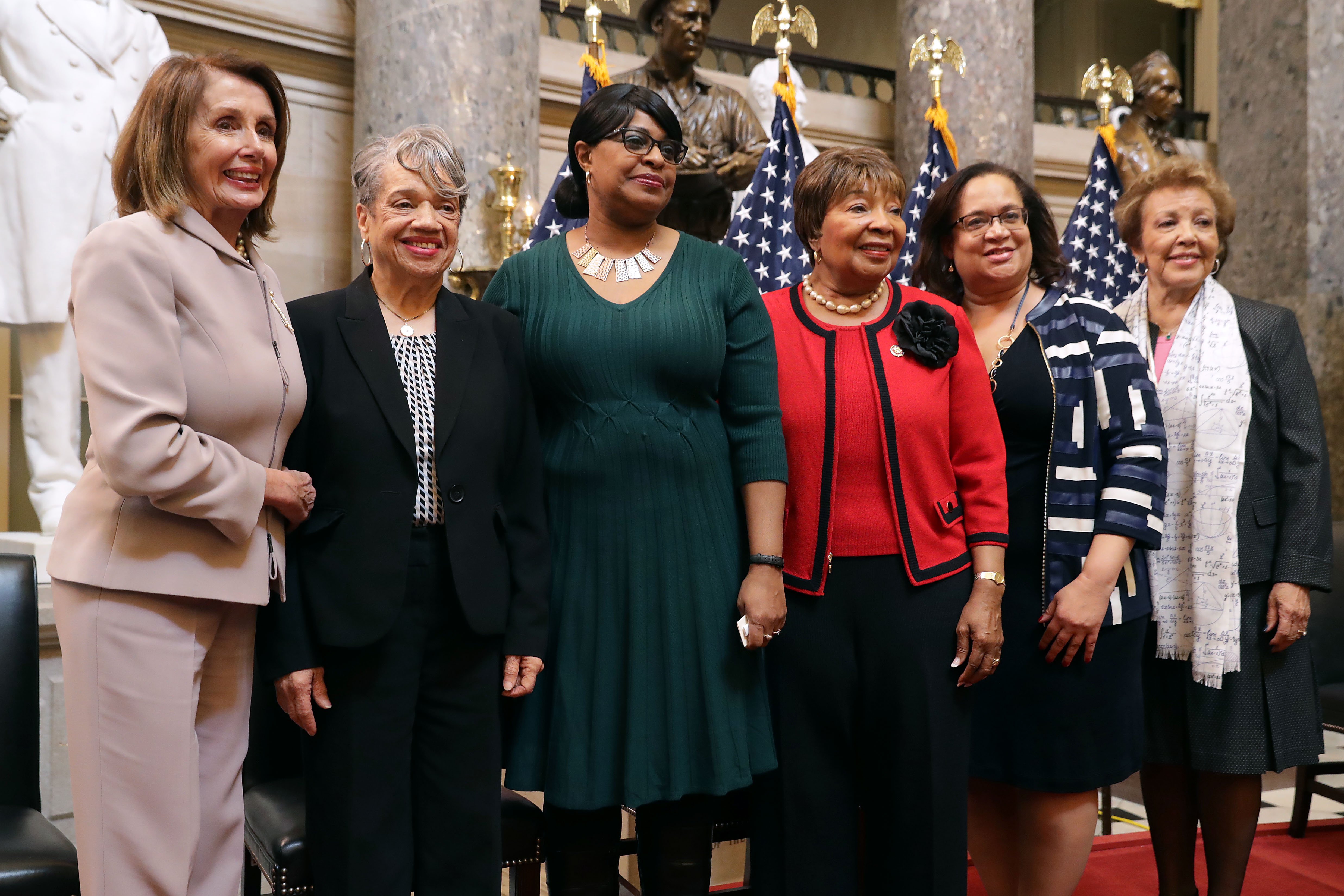Speaker of the House Nancy Pelosi, Dr. Christine Darden, Carolyn Lewis, Rep. Eddie Bernice Johnson, Maida Robinson and Joylette Hylick at the U.S. Capitol March 27, 2019. | Source: Getty Images