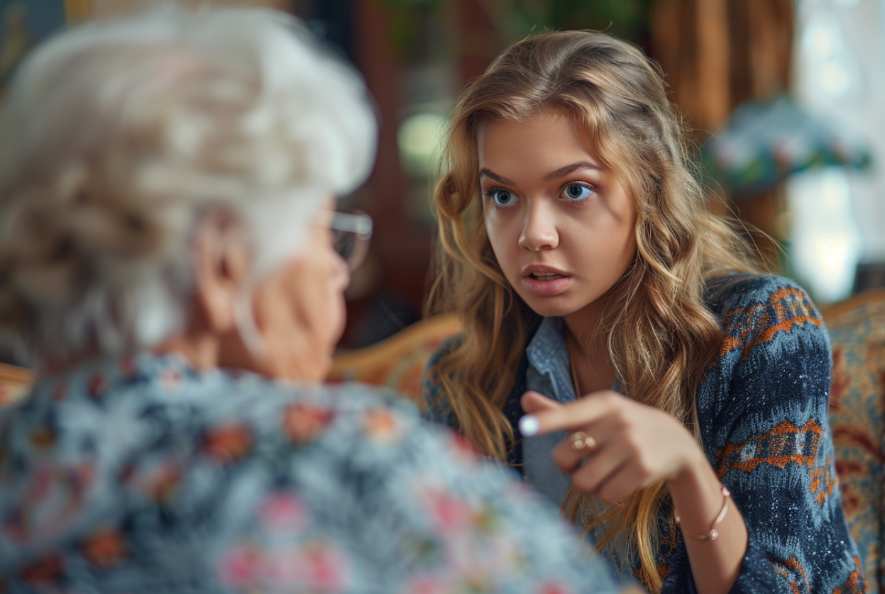 A young woman points her finger at an elderly woman | Source: MidJourney