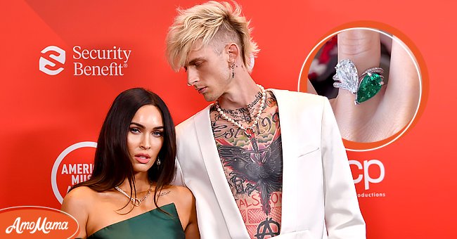 Newly affianced couple Colson Baker (MGK) and actress Megan Fox. | Photo: Getty Images. Inset: Fox's engagement ring. | Photo: Instagram.com/machinegunkelly