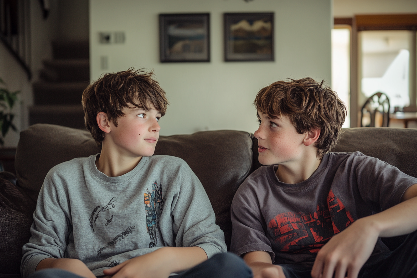 Teen brothers exchanging a glance | Source: Midjourney