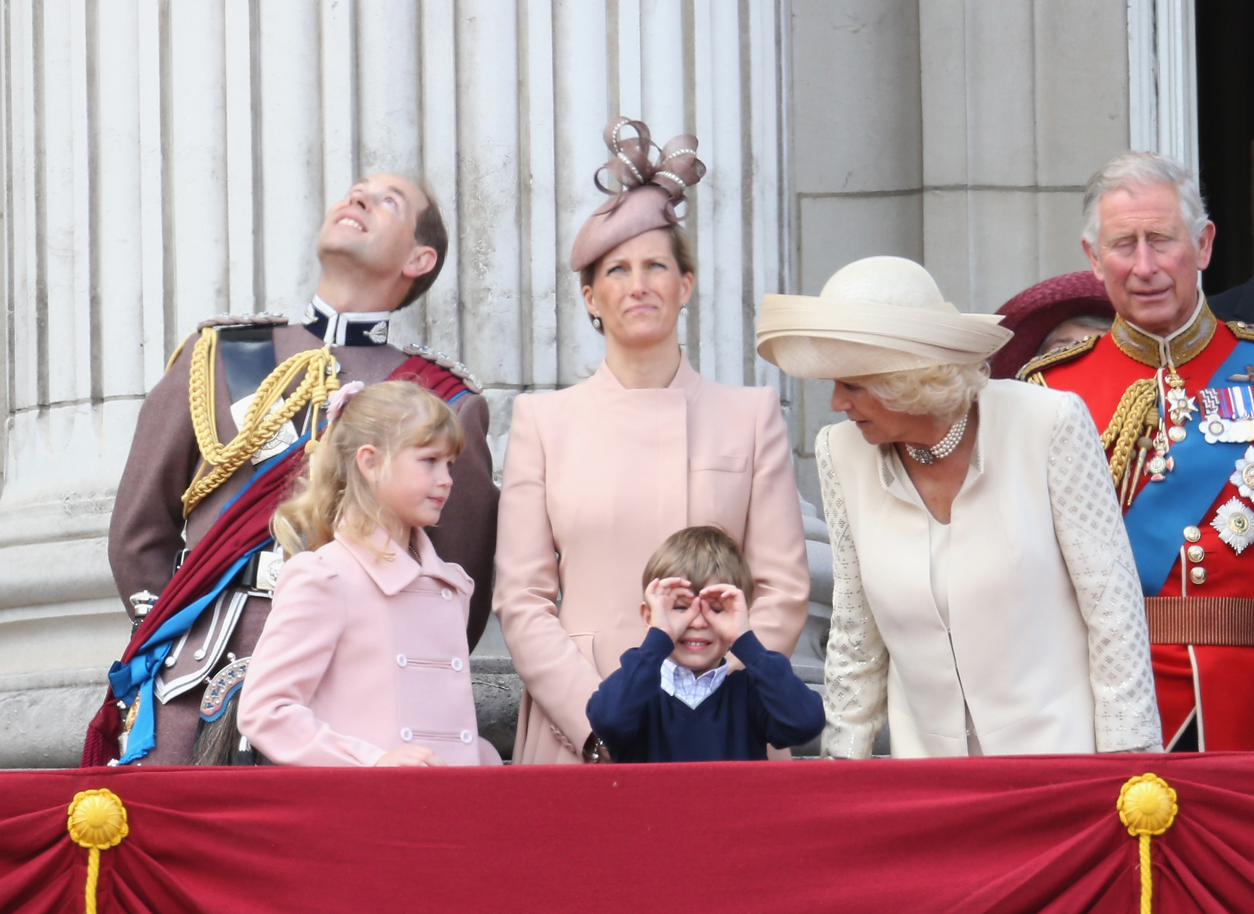 All eyes on James: The young royal joins his family on the Buckingham Palace balcony for Trooping the Colour on 15 June 2013. Standing alongside Sophie, Edward, Louise, and senior royals, including future King and Queen Charles and Camilla, James delighted the crowd during the monarch's official birthday celebration.