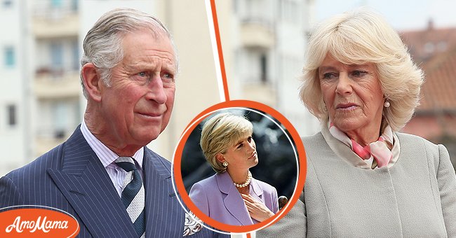 Prince Charles and Camilla during a ceremony at a memorial on March 19, 2016 in Pristina, Kosovo. (M) Princess Diana in a purple outfit during an engagement. | Source: Getty Images