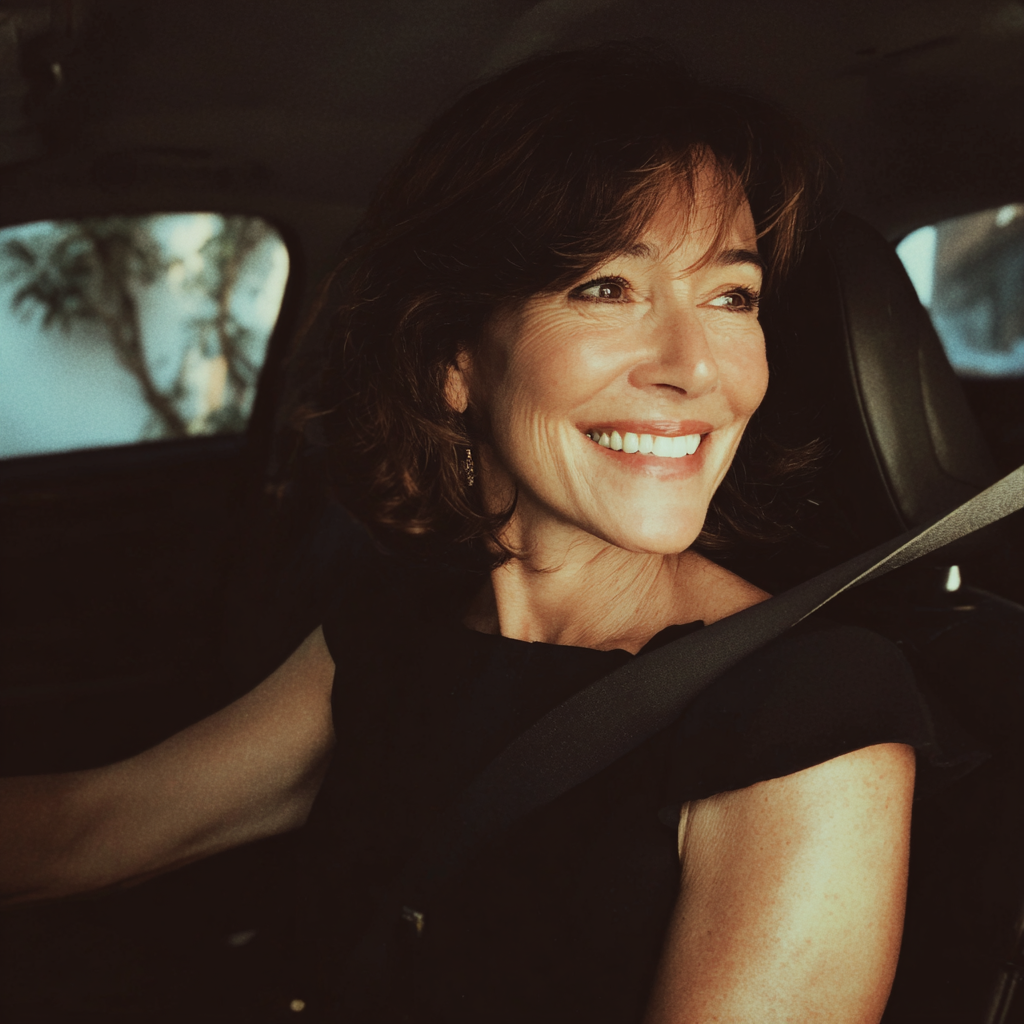 A smiling woman driving a car | Source: Midjourney