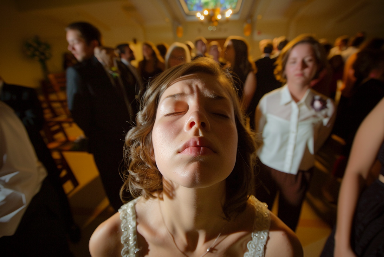 A sickly woman standing in the aisle during a wedding | Source: MidJourney
