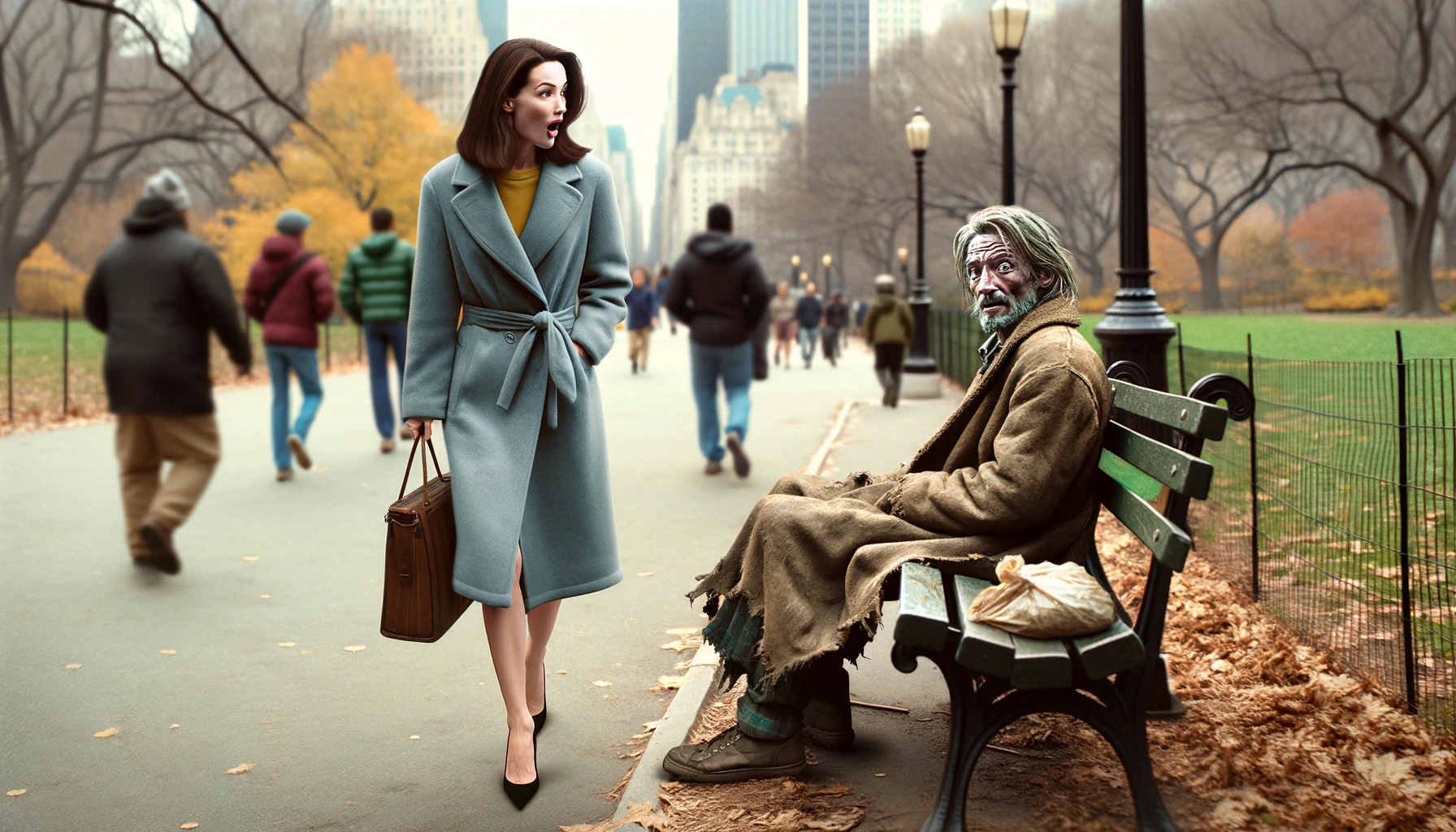 A woman encountering a destitute man in Central Park | Source: DALL-E