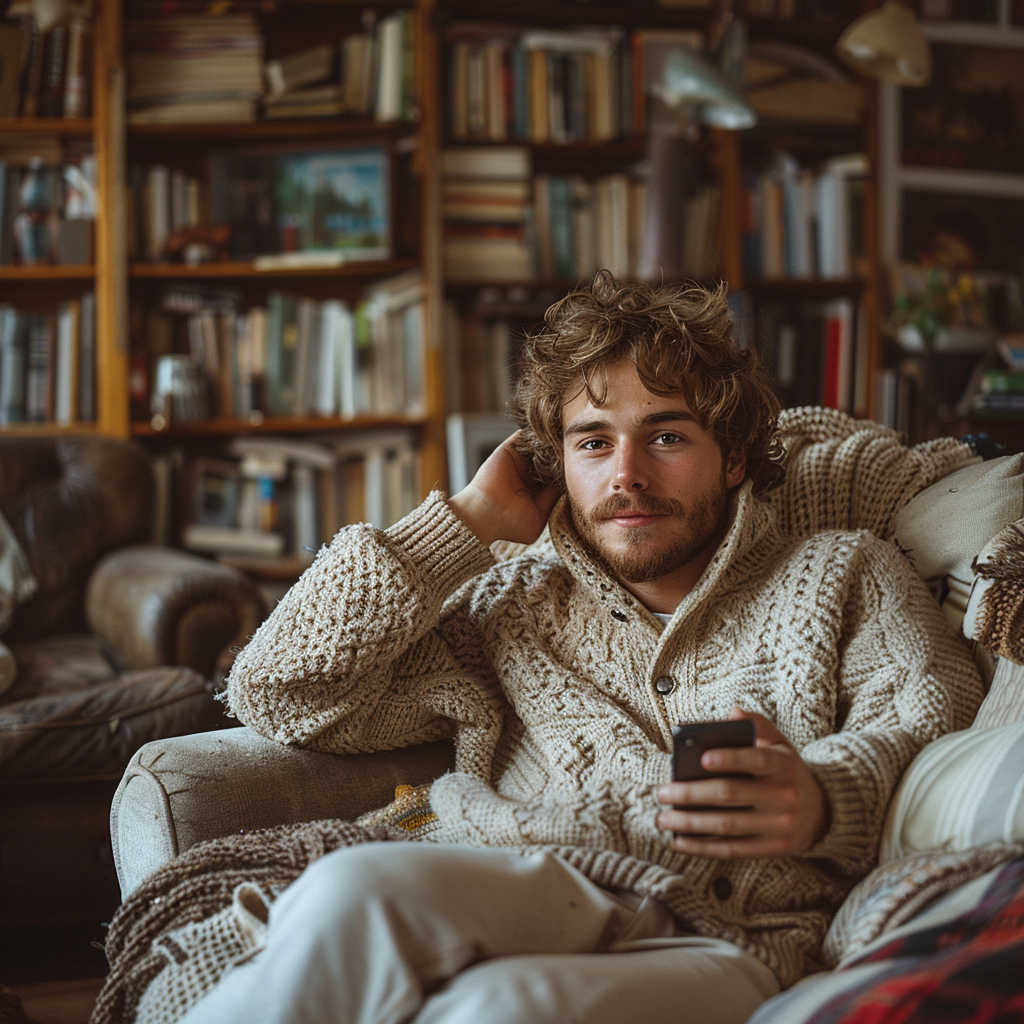 A man with his phone on his couch | Source: Midjourney