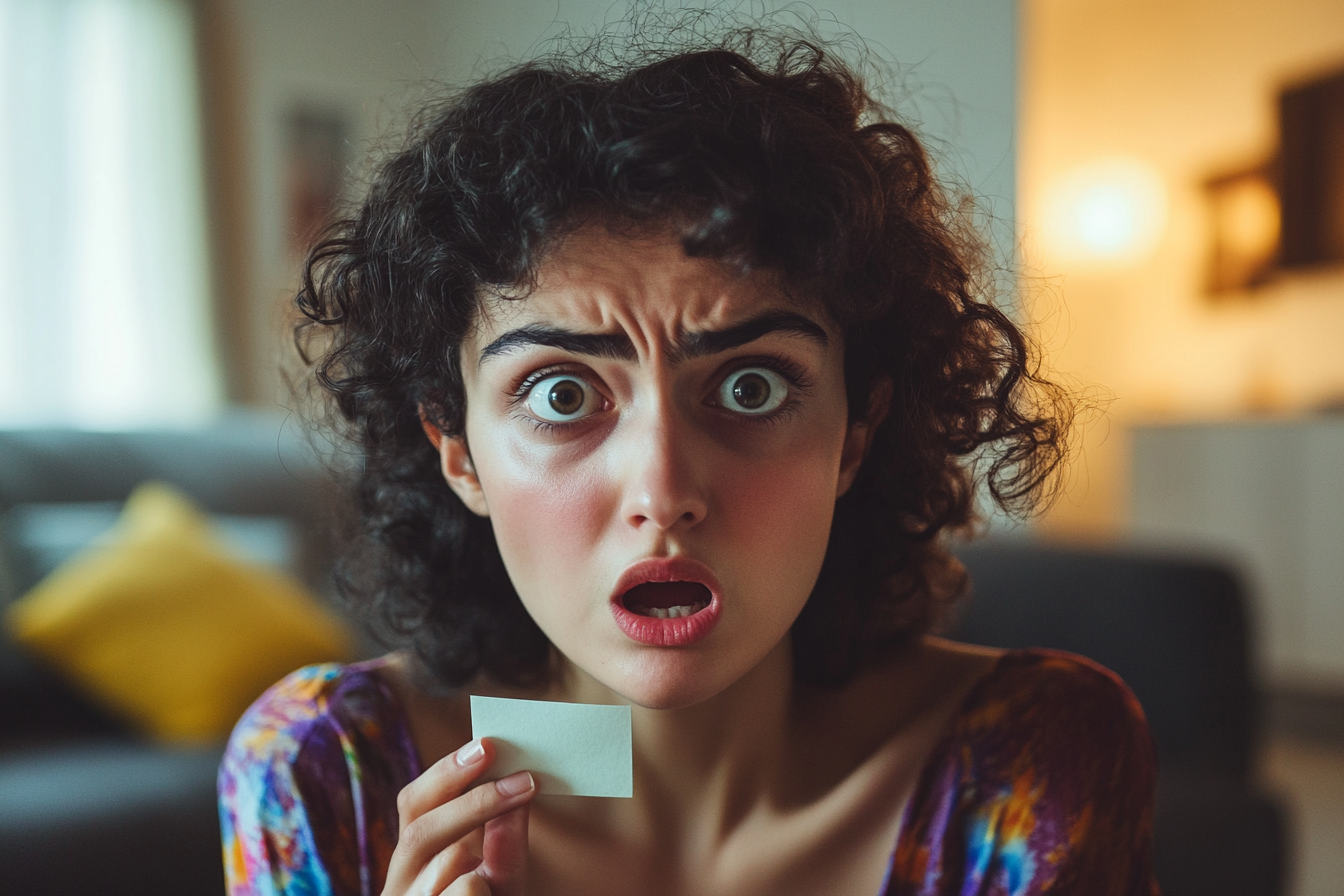 A woman staring at a note in shock | Source: Midjourney