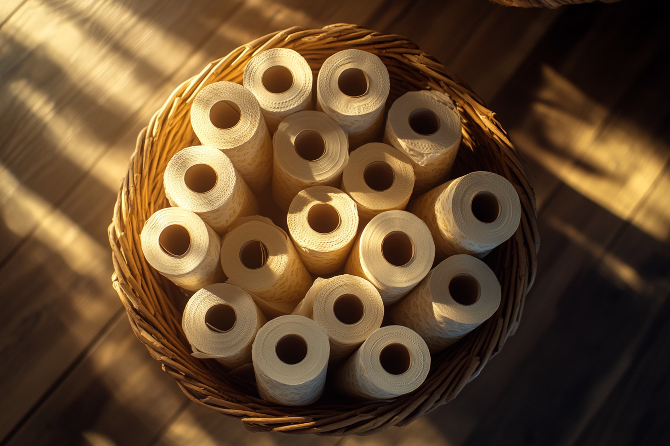 Toilet paper rolls in a basket | Source: Midjourney