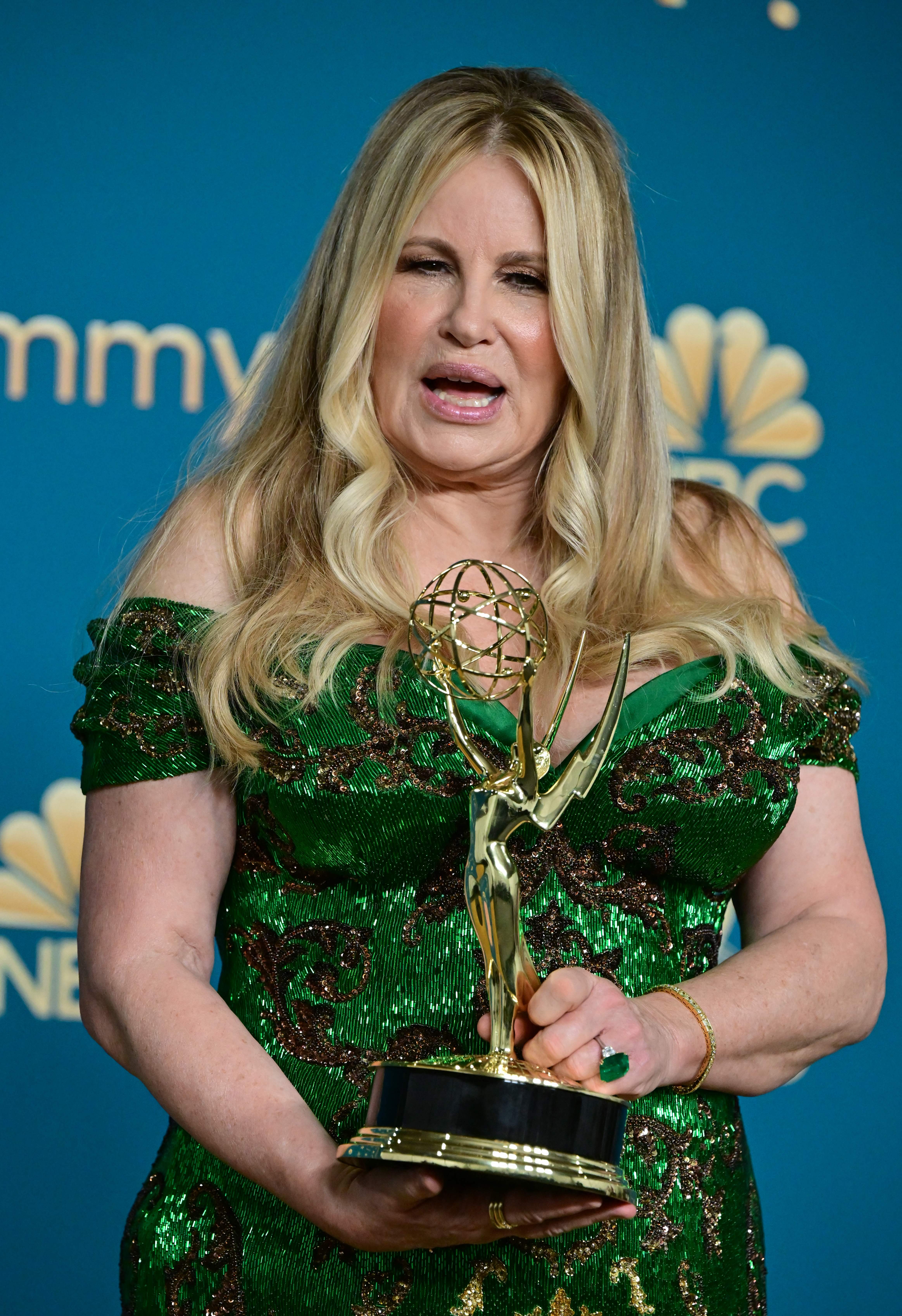 Jennifer Coolidge poses with her Emmy for Outstanding Supporting Actress In A Limited or Anthology Series or Movie for "The White Lotus" during the 74th Emmy Awards at the Microsoft Theater in Los Angeles, California, on September 12, 2022. | Source: Getty Images