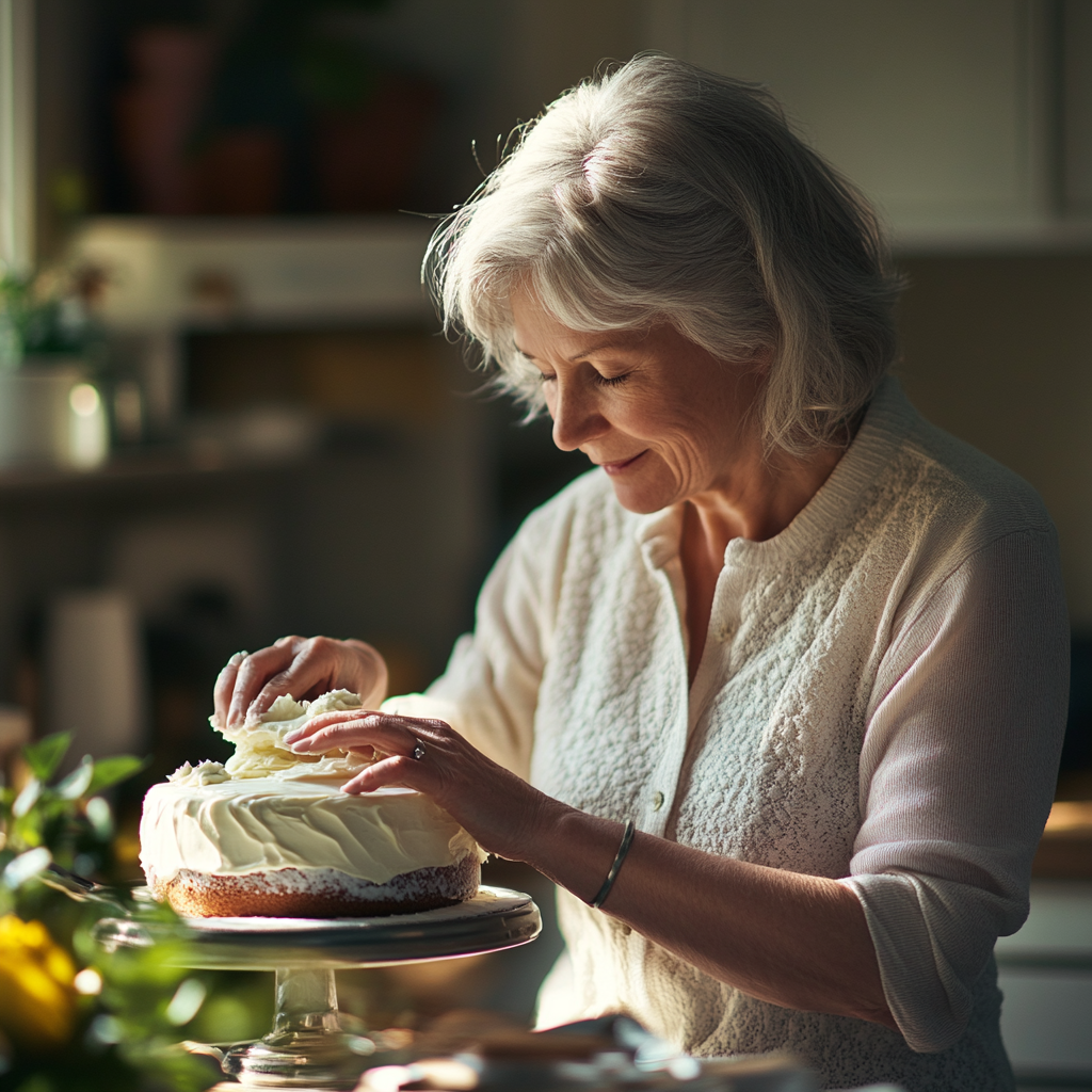 An older woman decorating a cake | Source: Midjourney