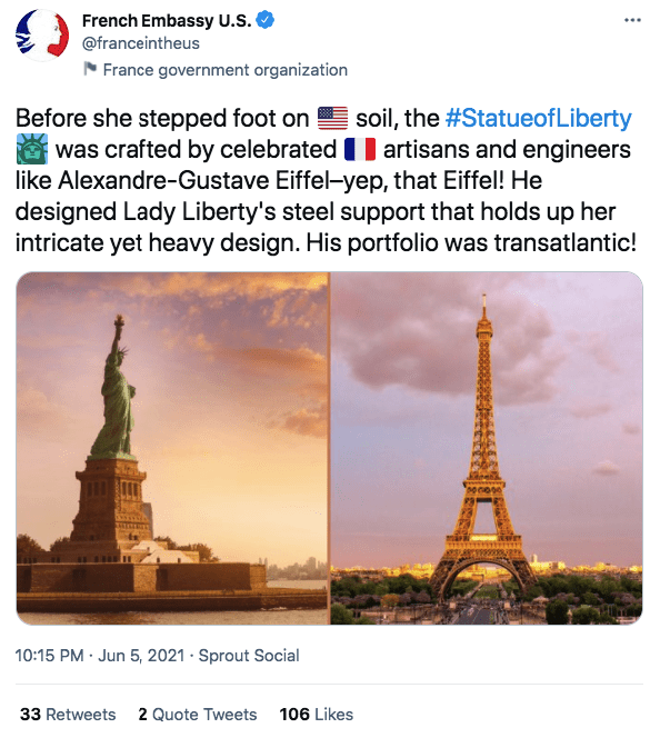 A screenshot the the statue of liberty and the eiffel tower | Photo: twitter.com/French Embassy U.S.