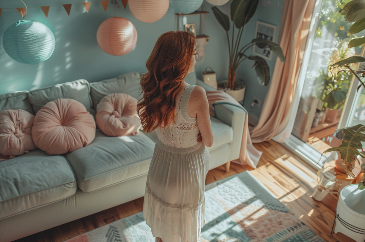 A woman admiring her baby shower decorations | Source: Midjourney