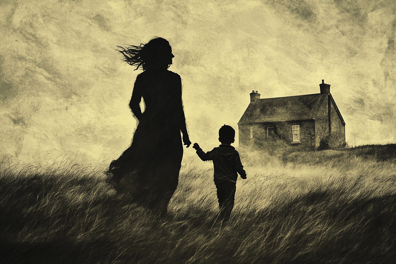 A woman and a little boy walking towards a cottage | Source: Midjourney