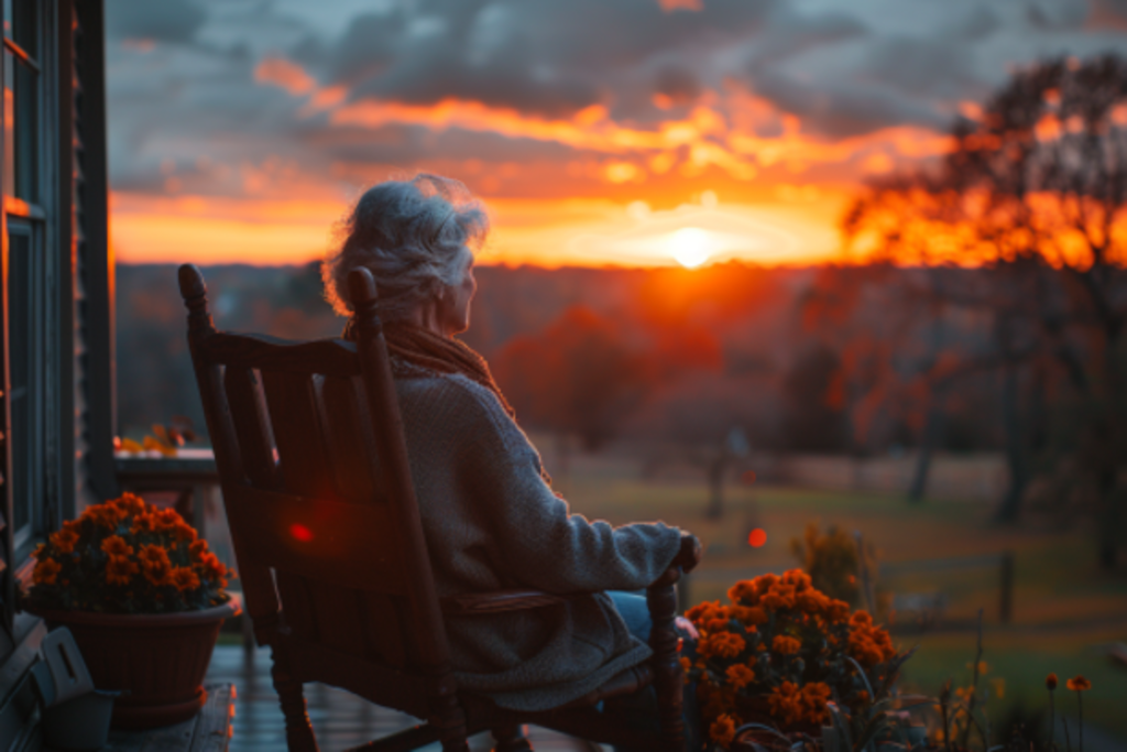 An older woman sitting on the porch on a warm evening | Source: Midjourney