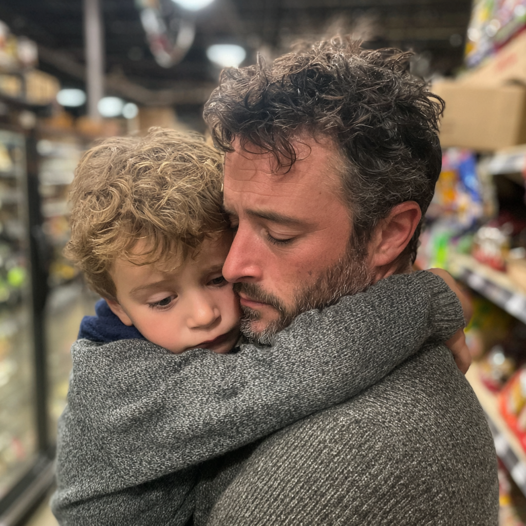 An emotional man holding his son | Source: Midjourney