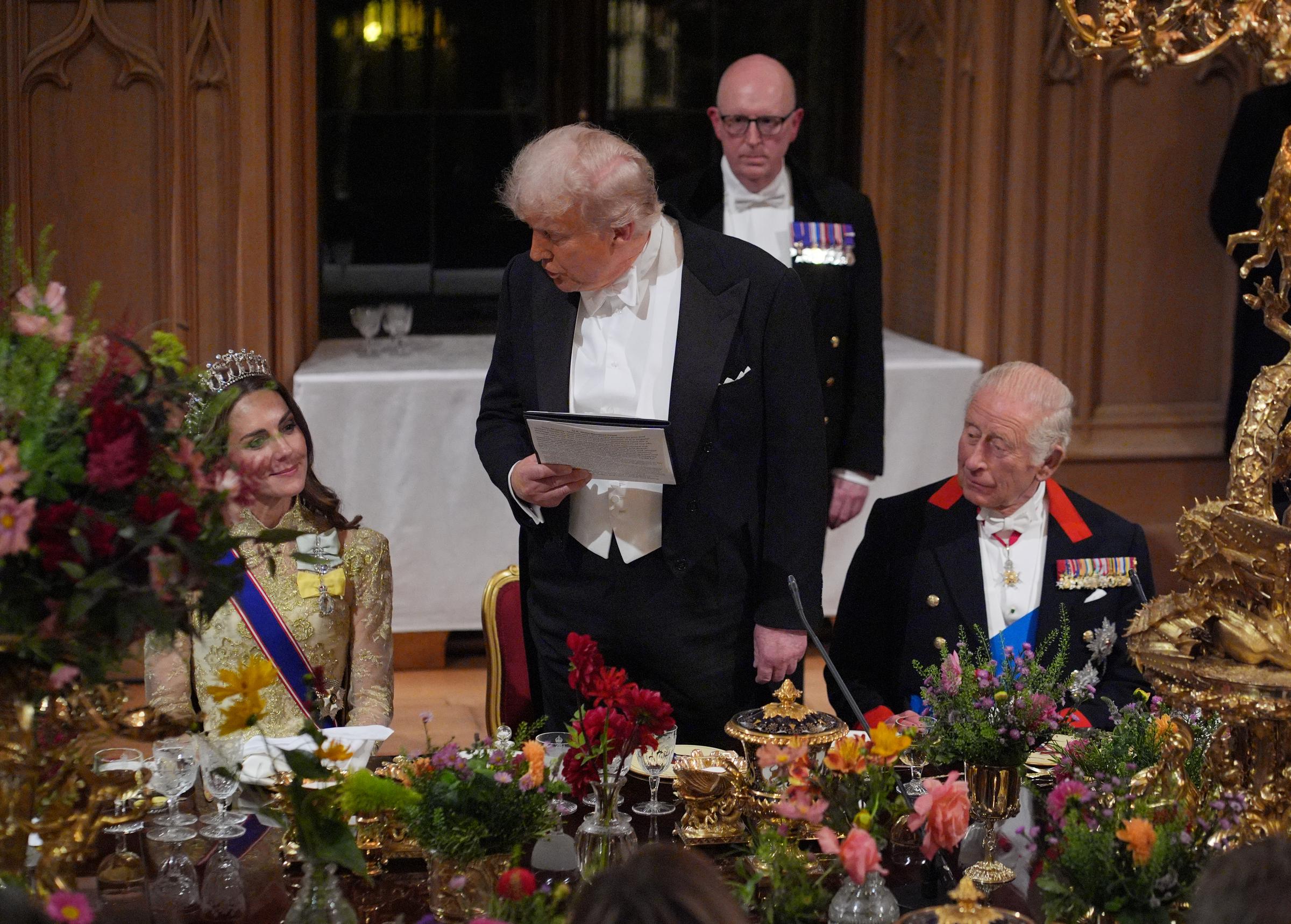 Princess Catherine and King Charles III look on as U.S. President Donald Trump delivers remarks at the Banquet. | Source: Getty Images