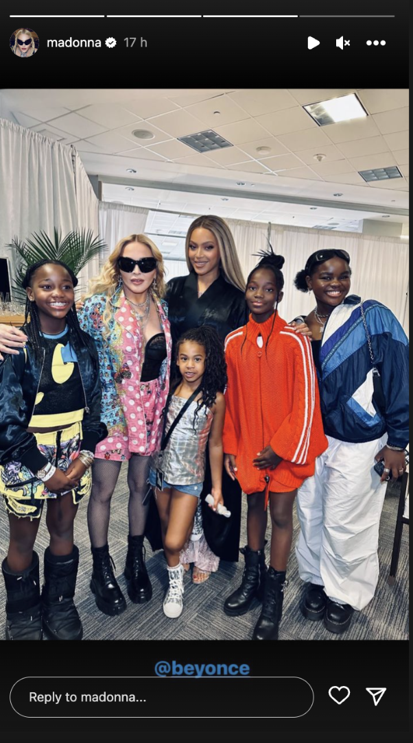 A screengrab of Madonna pictured with her daughters Mercy, Estere, and Stella, and Beyoncé and her daughter Rumi | Source: Instagram/madonna