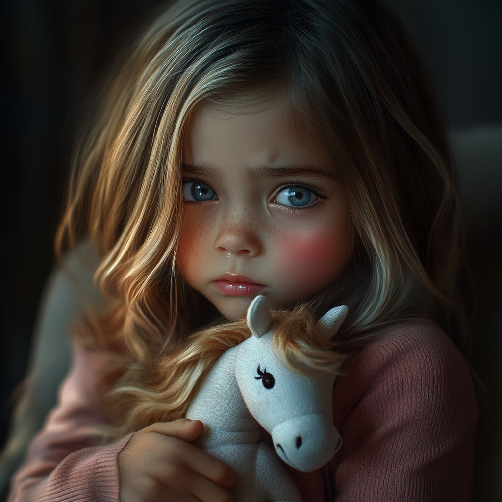 A sad little girl holding a stuffed unicorn | Source: Midjourney