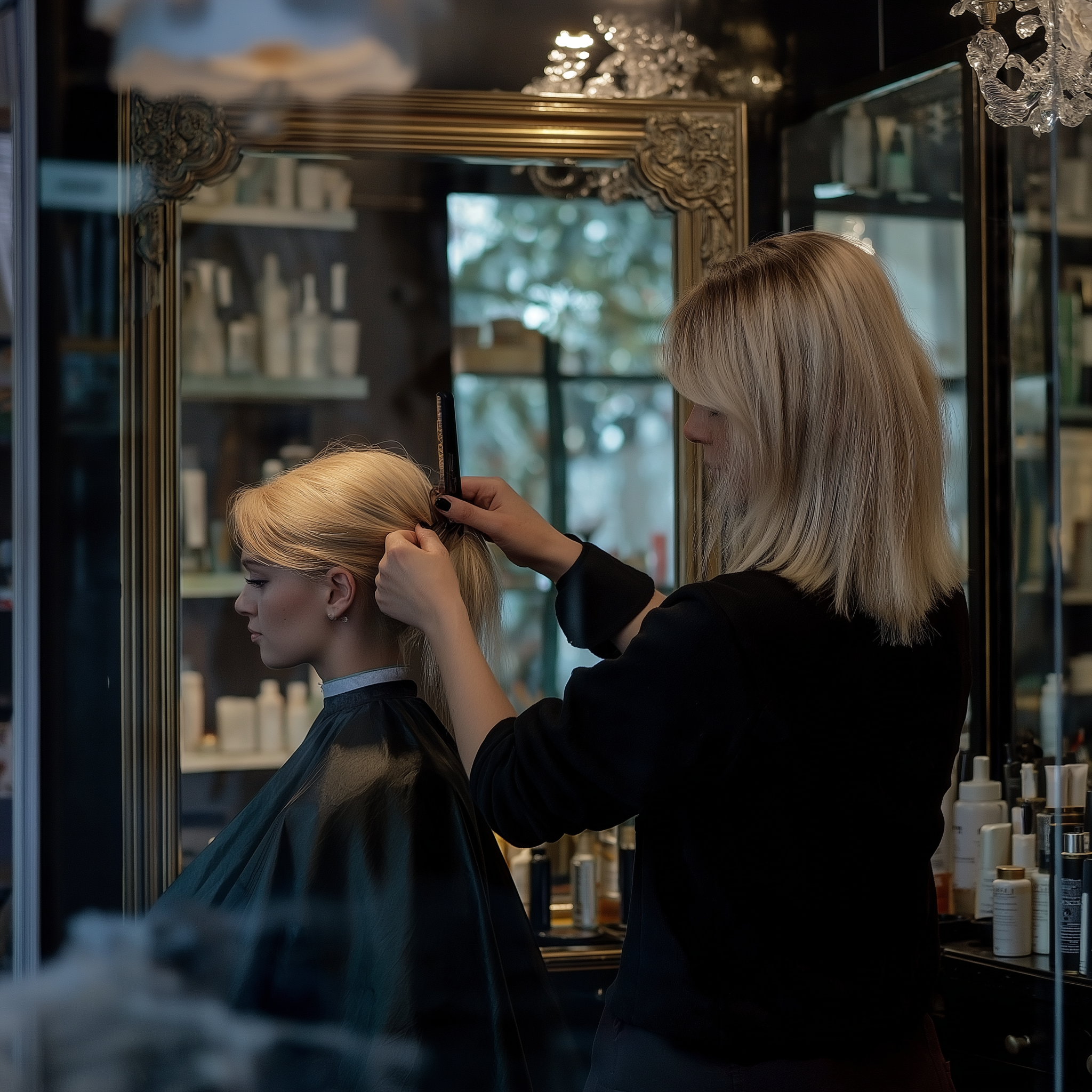 A female hairdresser cutting a blonde woman's hair | Source: Midjourney