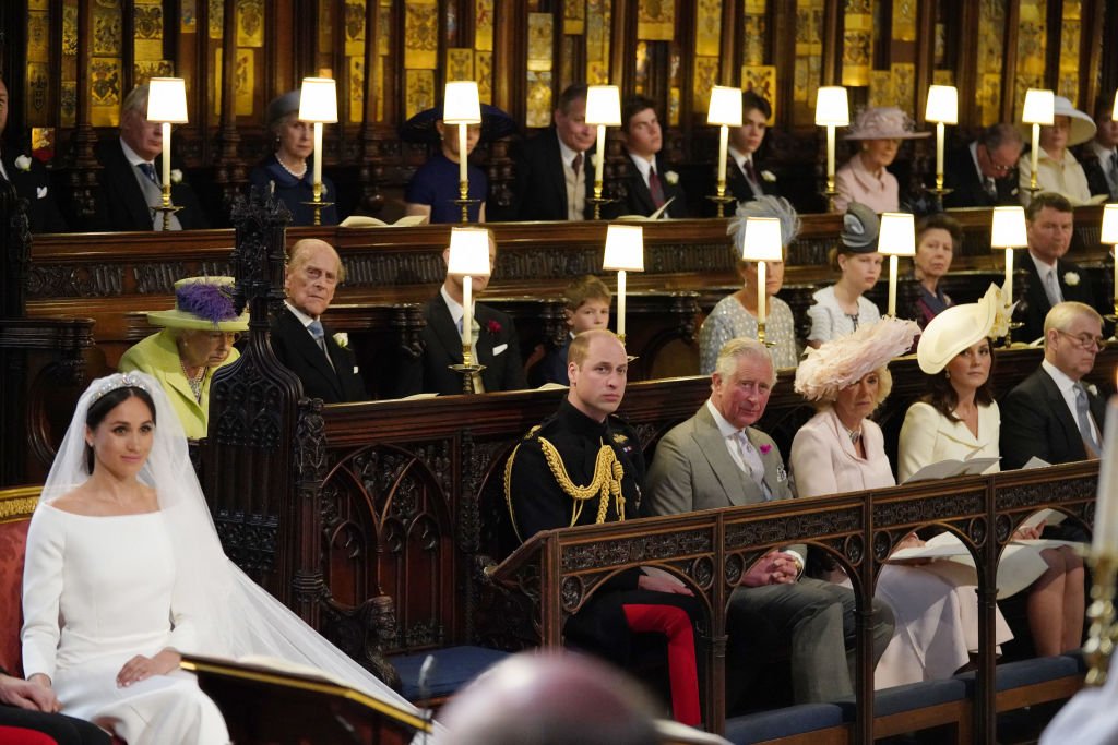 The royal family in the chapel for the wedding ceremony of Britain's Prince Harry, Duke of Sussex and US actress Meghan Markle in St George's Chapel, Windsor Castle, in Windsor, on May 19, 2018. | Photo: Getty Images