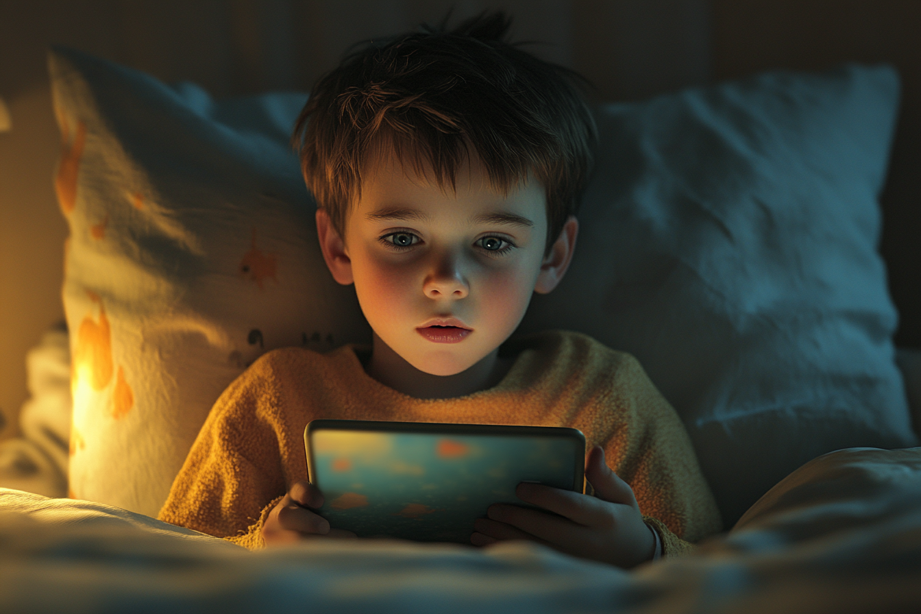 A boy using a kids tablet in bed | Source: Midjourney