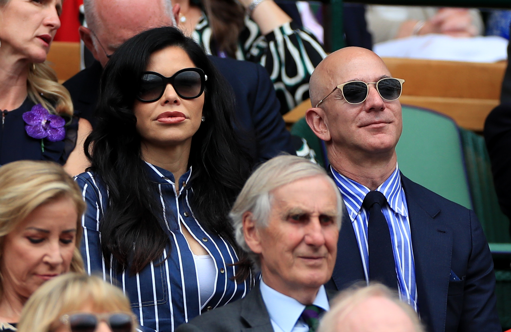 Jeff Bezos and Lauren Sanchez on day thirteen of the Wimbledon Championships on July 14, 2019, in Wimbledon, England. | Source: Getty Images
