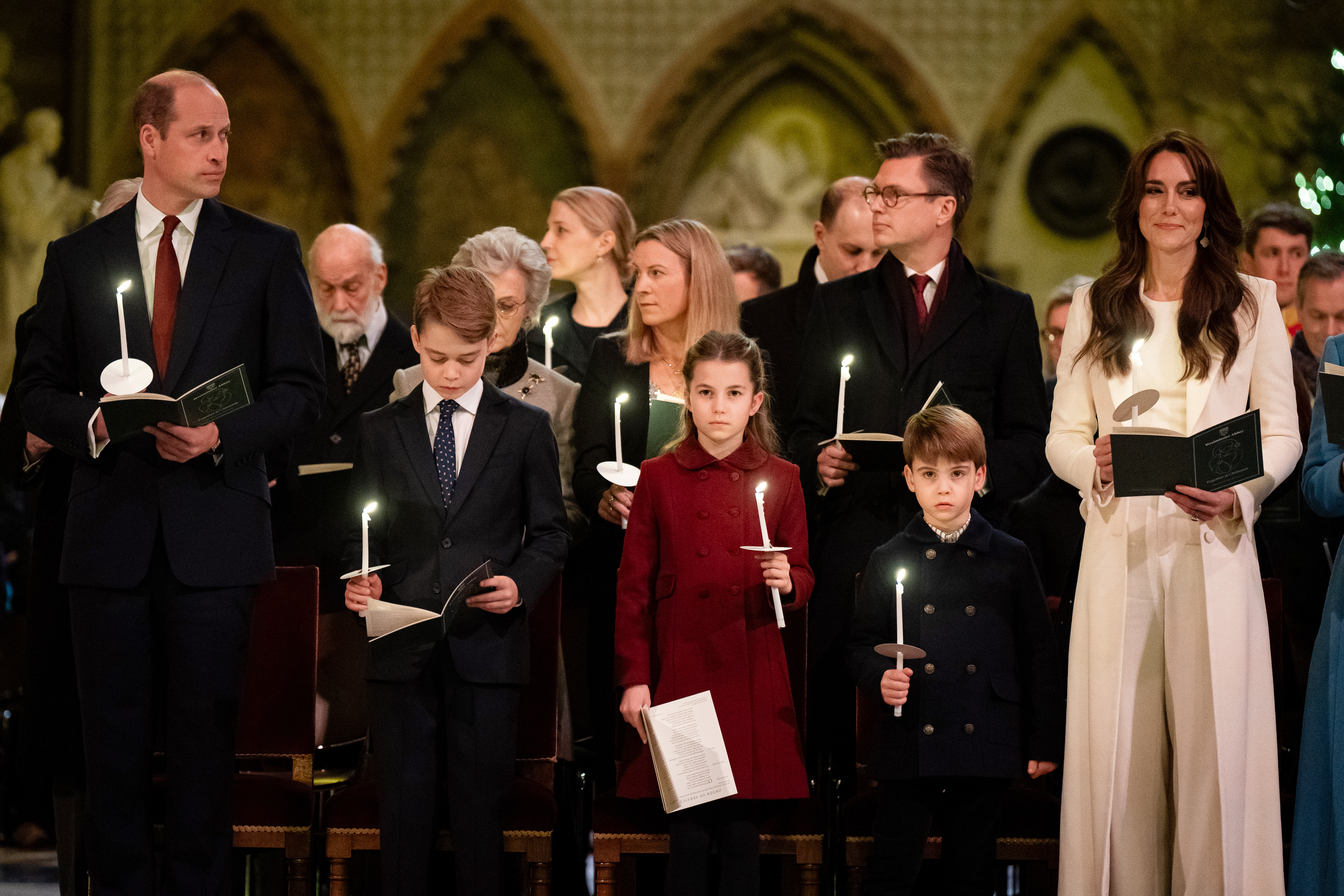 Prince William, Prince of Wales, Prince George, Princess Charlotte, Prince Louis and Catherine, Princess of Wales during the Royal Carols service at Westminster Abbey on December 8, 2023 in London, England | Source: Getty Images