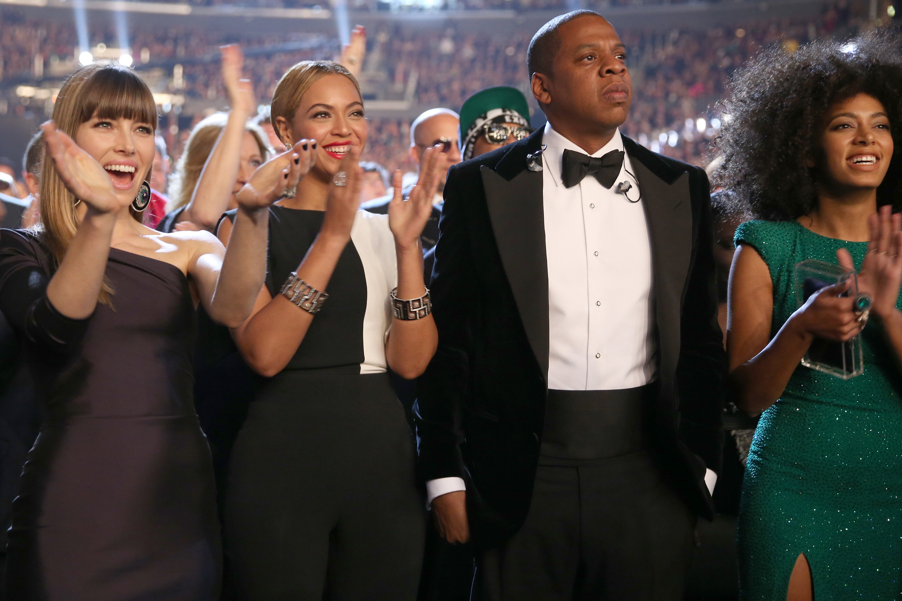 Jessica Biel, Beyoncé, Jay-Z, and Solange Knowles at the 55th Annual Grammy Awards, Staples Center, February 10, 2013, Los Angeles, California | Source: Getty Images