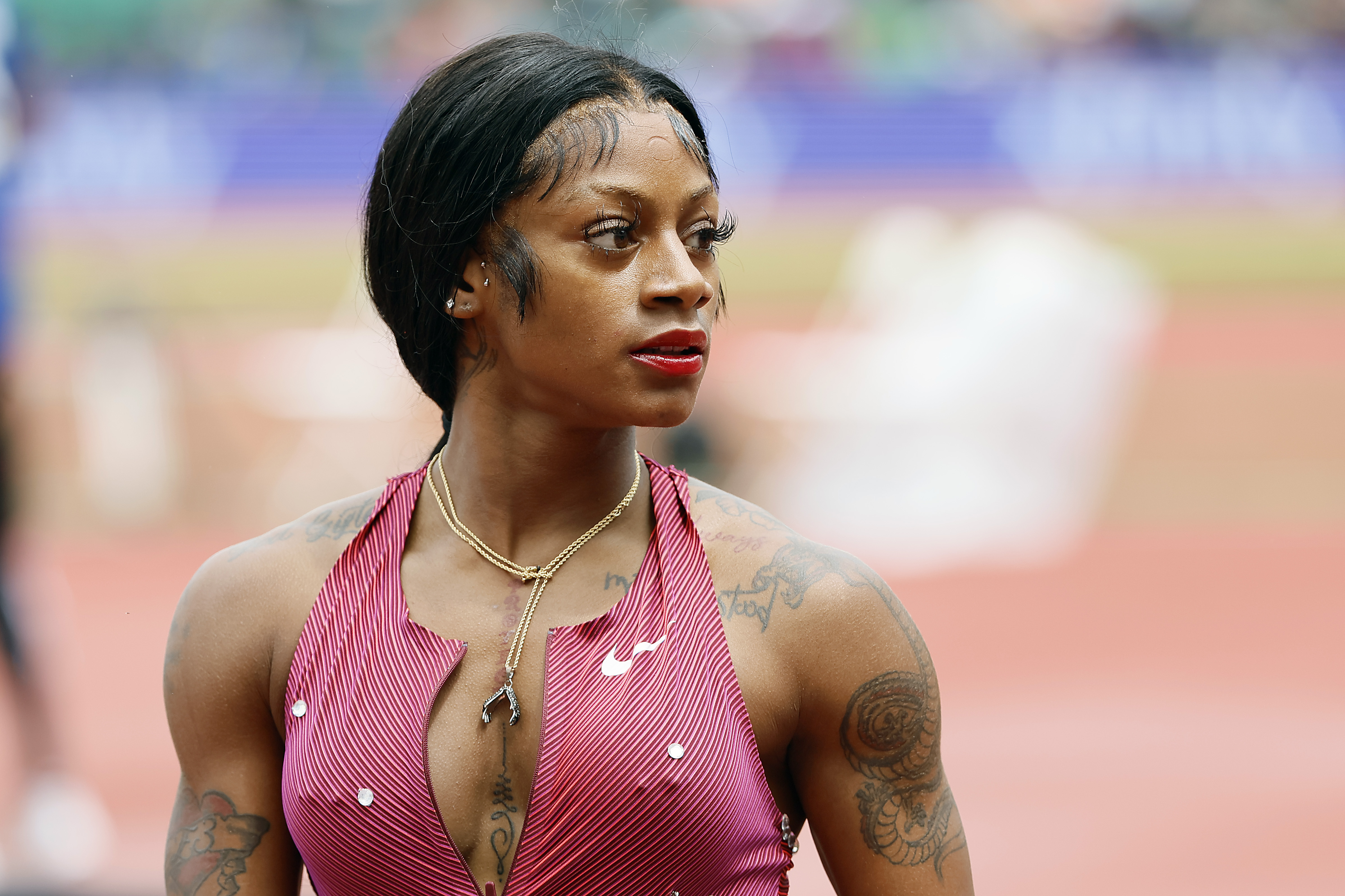 Sha'Carri Richardson reacts after placing second in the Women's 100m during the Wanda Diamond League Prefontaine Classic on May 28, 2022, in Eugene, Oregon. | Source: Getty Images