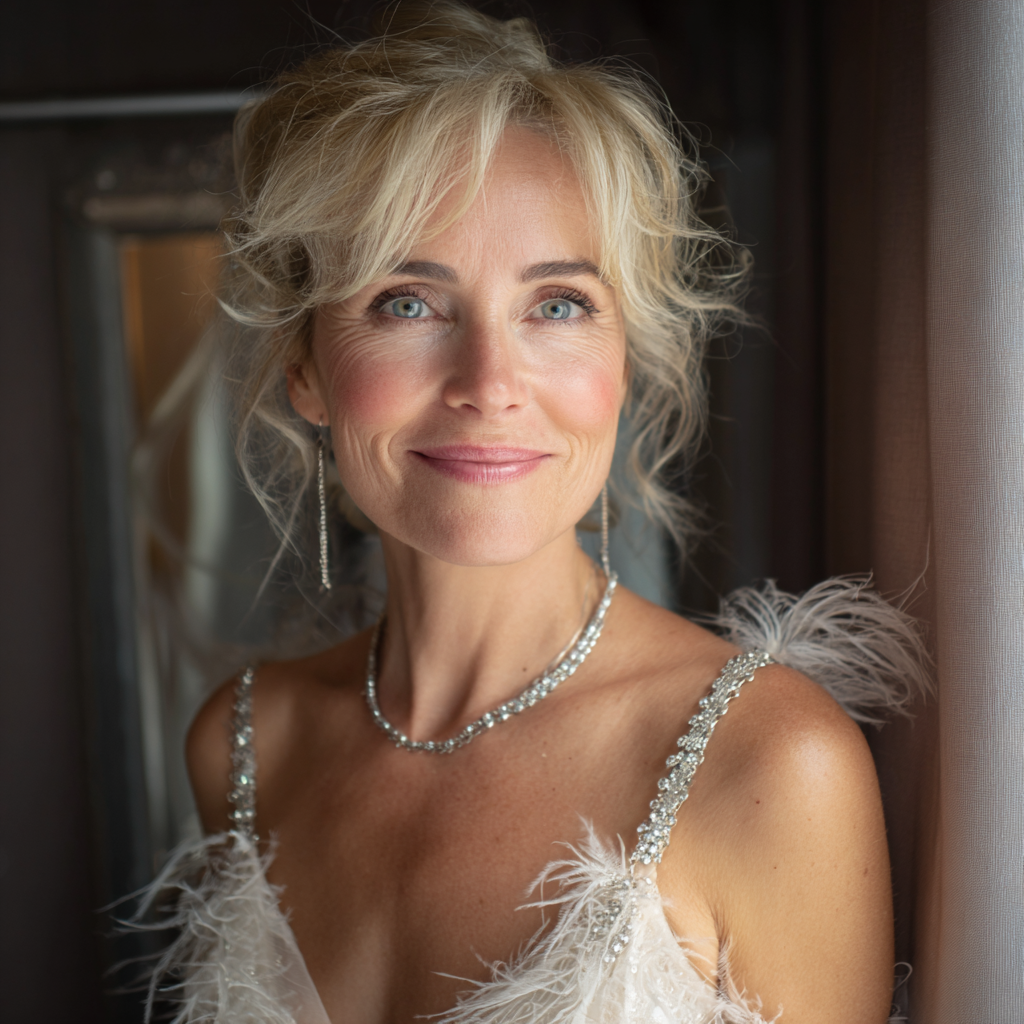 A smiling woman in a white dress | Source: Midjourney