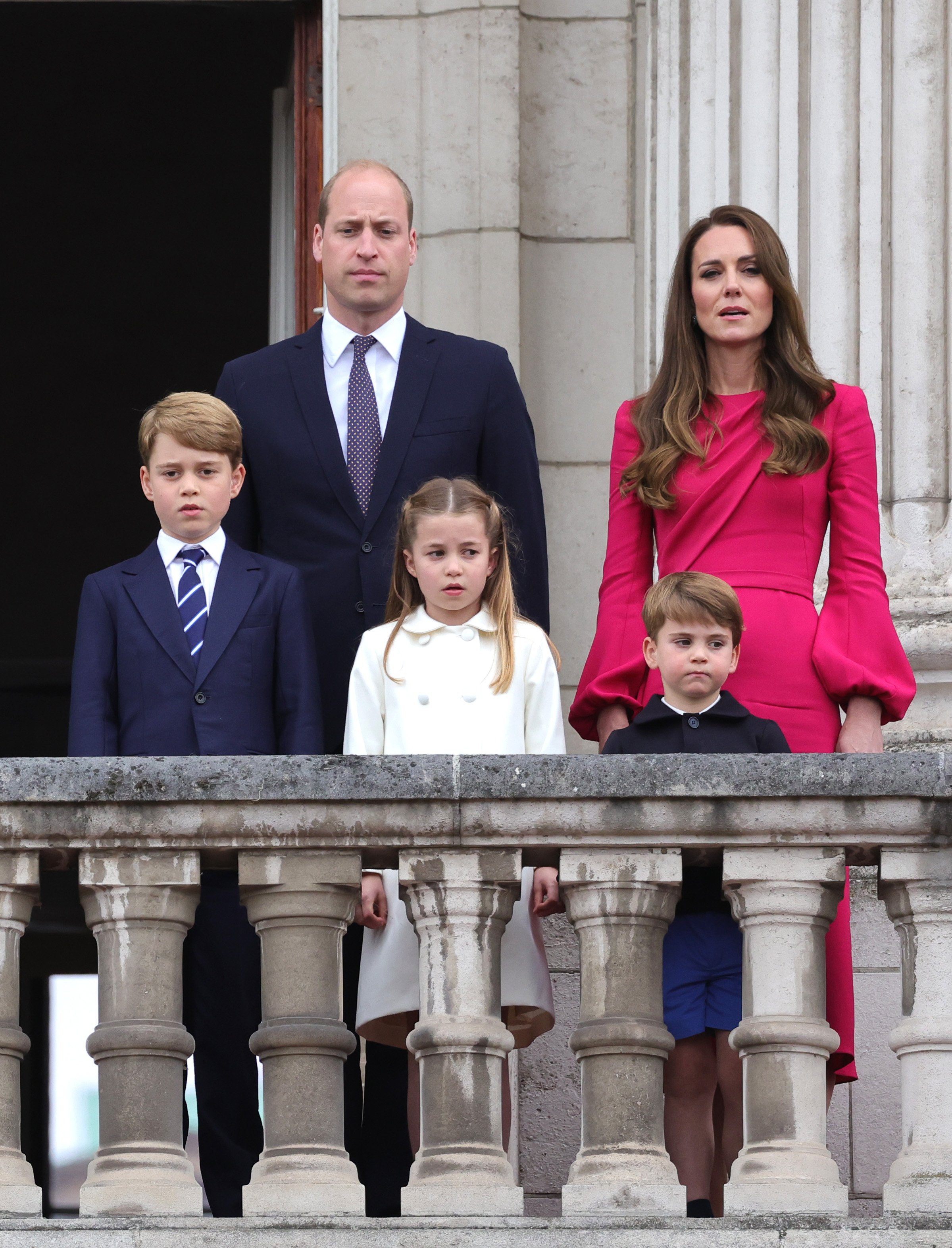 Prince George, Prince William, Princess Charlotte, Kate Middleton, and Prince Louis on the balcony during the Platinum Pageant on June 5, 2022 | Source: Getty Images