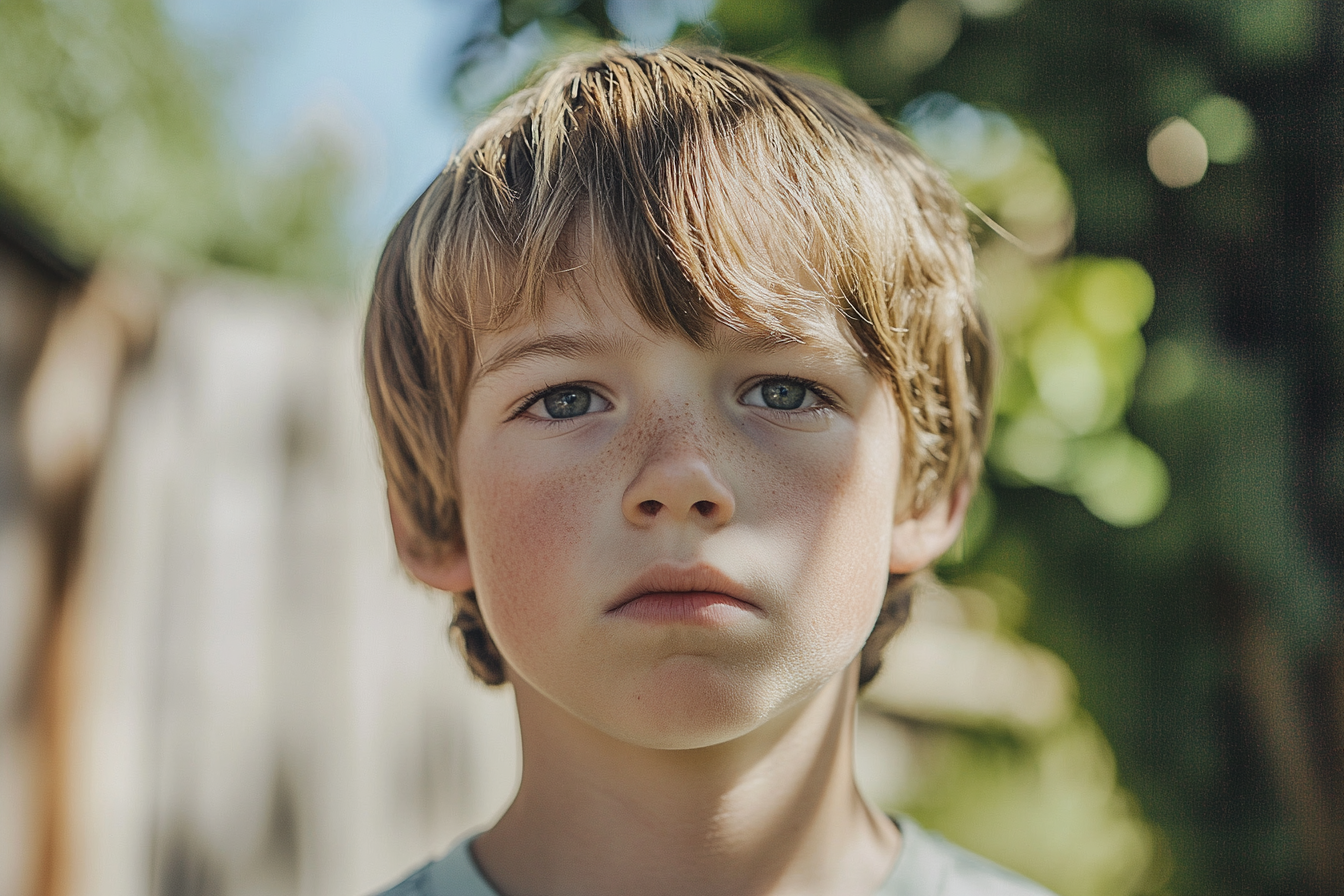 A sad boy standing outdoors | Source: Midjourney