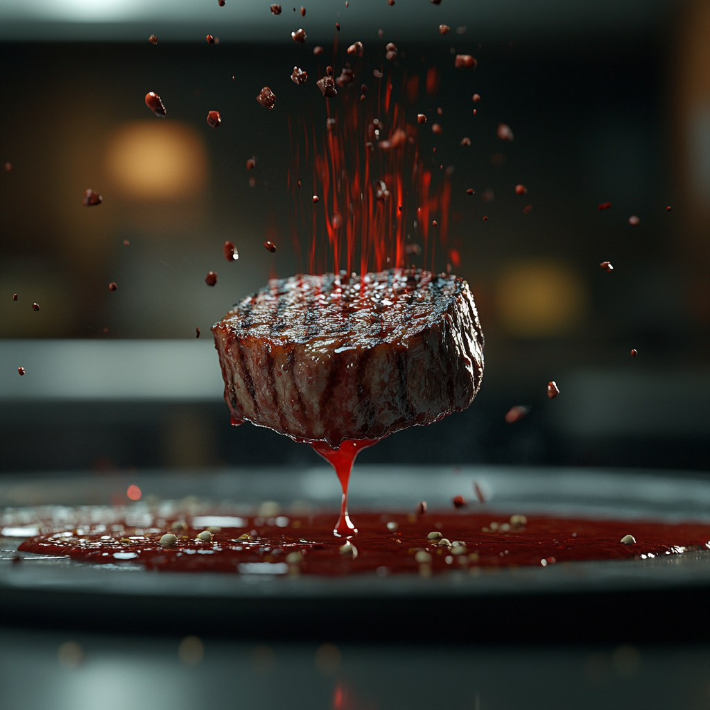 A steak falling on a surface | Source: Midjourney