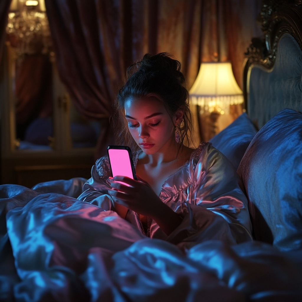 A woman on her phone in her bed | Source: Midjourney