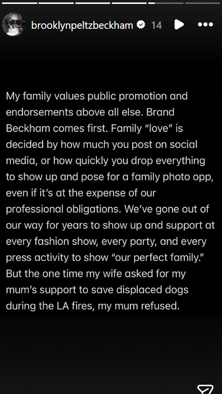 Brooklyn Beckham on how his family defines the word love, from a post dated January 19, 2026. | Source: Instagram Stories/brooklynpeltzbeckham