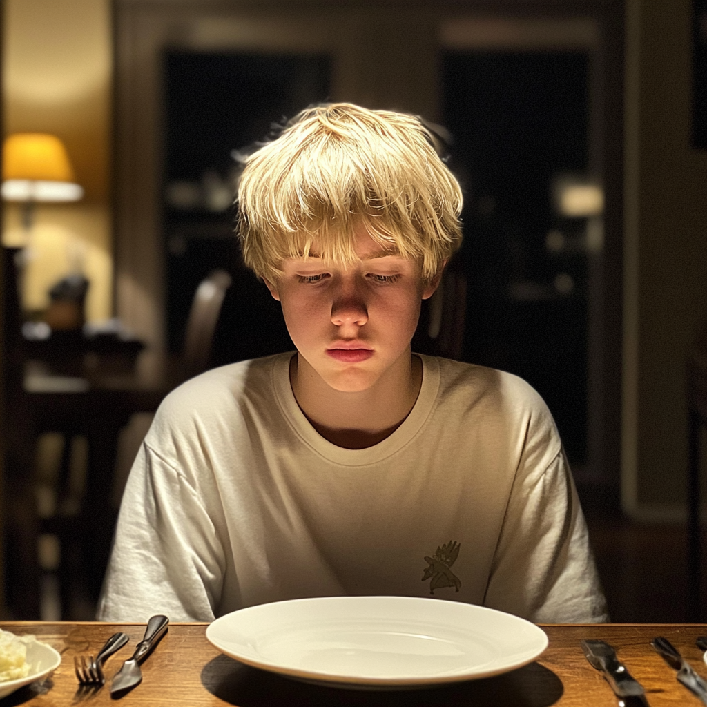 A teenage boy sitting at a dinner table | Source: Midjourney