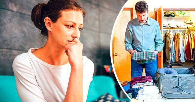 A woman looks sad while a man is packing his belongings. | Source: Shutterstock